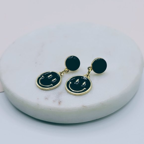 Black Smiley Face Happy Face Earrings - Picture 5 of 5